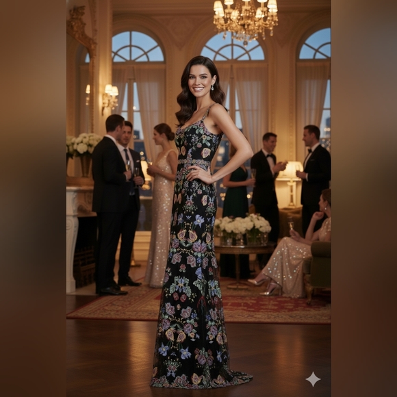 NWOT Size 6 Marchese Notte  Metallic Black & Floral Embroidered Tulle Gown - Picture 2 of 16